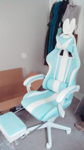 FERGHANA Kawaii Light Blue Gaming Chair with Bunny Ears, Ergonomic Cute Gamer Chair with Footrest and Massage, Racing Reclining photo review