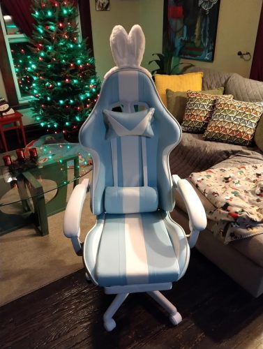 FERGHANA Kawaii Light Blue Gaming Chair with Bunny Ears, Ergonomic Cute Gamer Chair with Footrest and Massage, Racing Reclining photo review