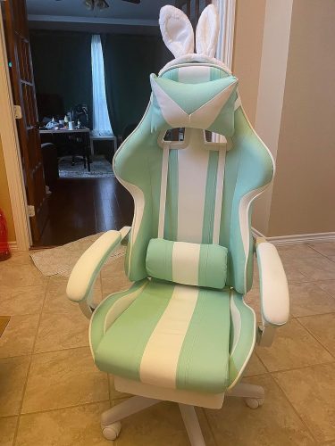 FERGHANA Kawaii Light Blue Gaming Chair with Bunny Ears, Ergonomic Cute Gamer Chair with Footrest and Massage, Racing Reclining photo review